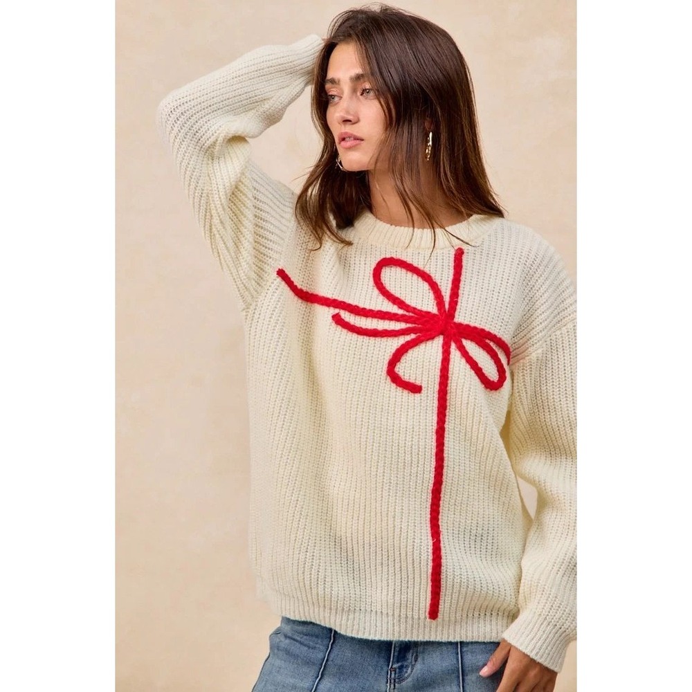 Women's Cream Sweater Christmas Present Red Bow Ribbed Knit XL New